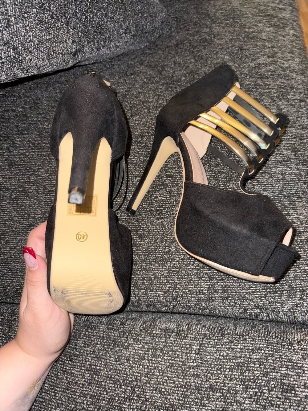 Black Suede High Heel Sandals with Metallic Gold Accent Straps